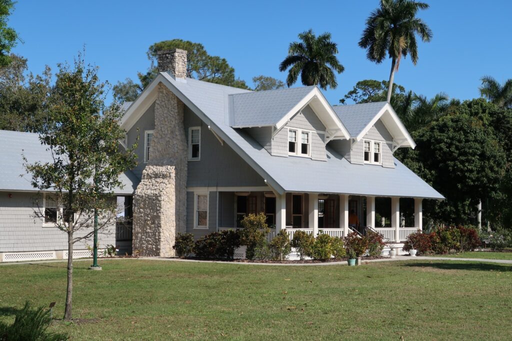 Front yard view of a two story home with large property