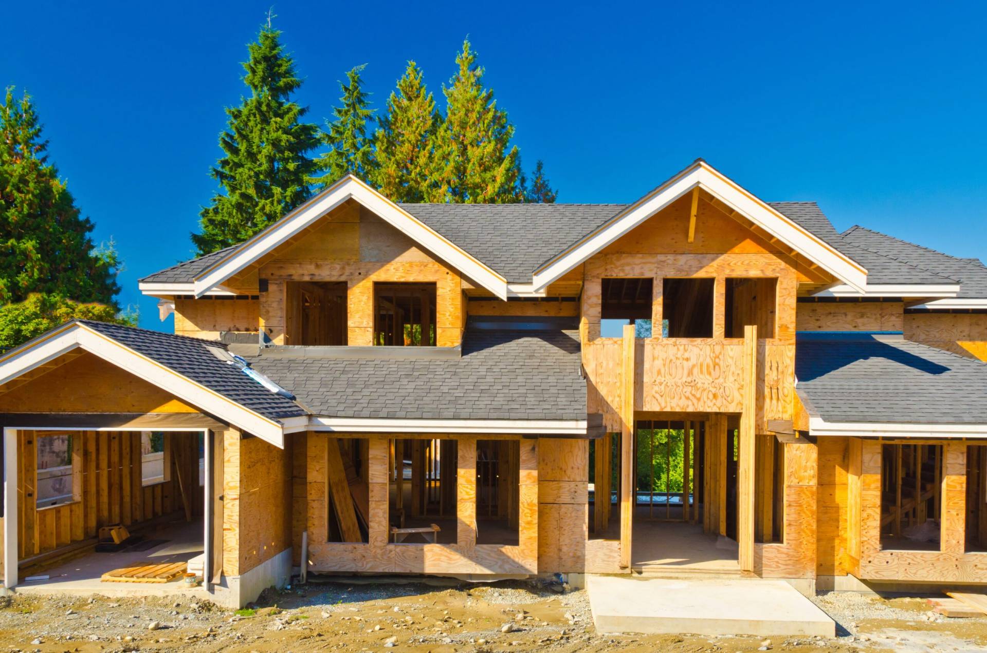 Frame of a house being built with large pine trees behind the house